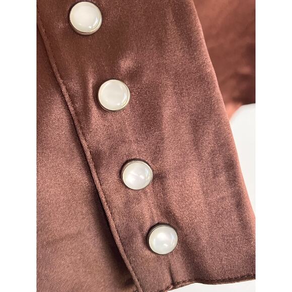 Cache Y2K Silk Long Sleeve Collared Pearl Snap Satin Button-Up Shirt Brown Small - Picture 6 of 8